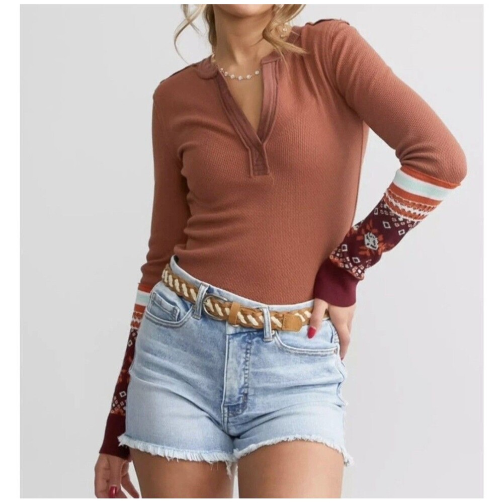 Free People Mikah Size Med Layering Cuff Autumn Combo Top V-Neck Henley